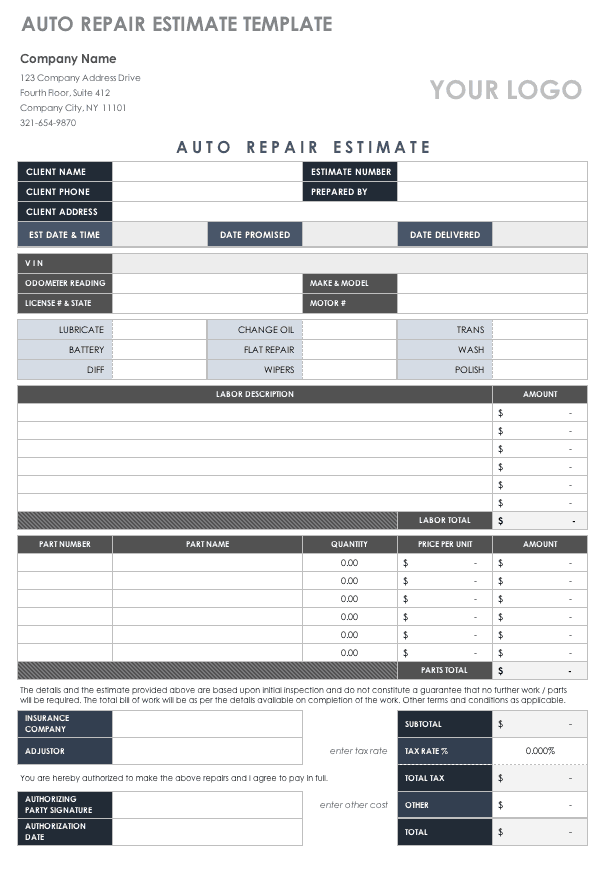 Auto Repair Estimate Template