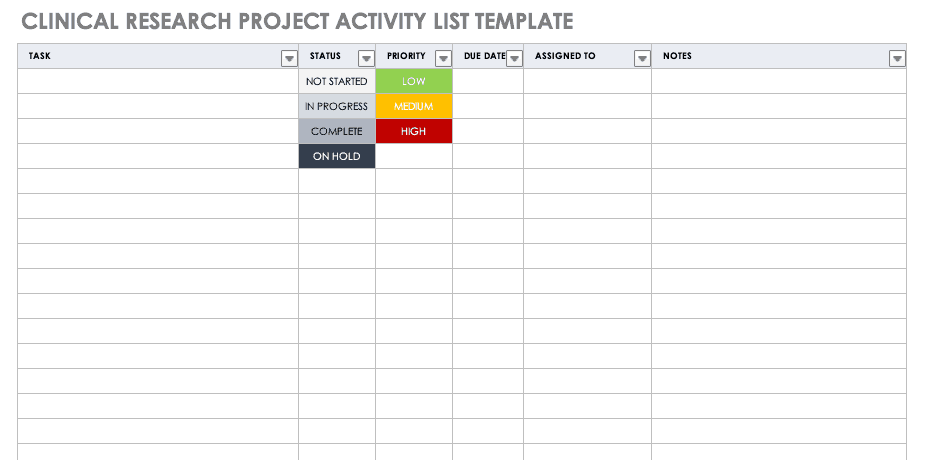 Clinical Research Project Activity List Template