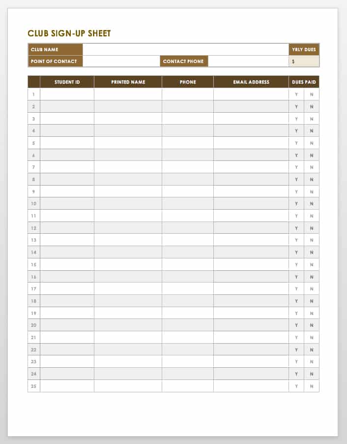 Club Sign-up Sheet Template