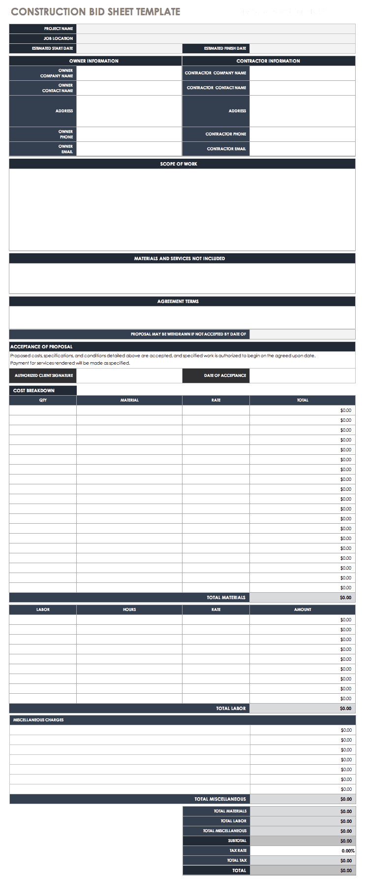 Free Bid Proposal Templates  Smartsheet Intended For Free Construction Proposal Template Word