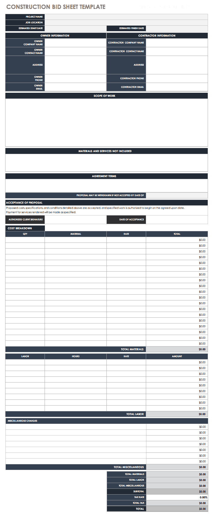 Free Bid Proposal Templates  Smartsheet Inside Free Construction Proposal Template Word