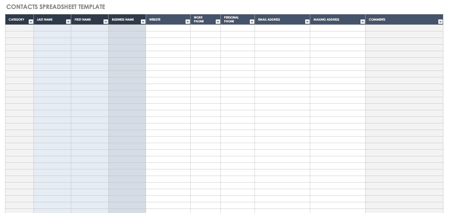 Contacts Spreadsheet Template