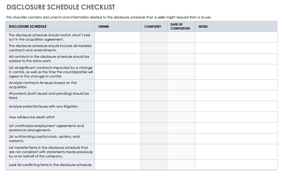 Disclosure Schedule Checklist Template