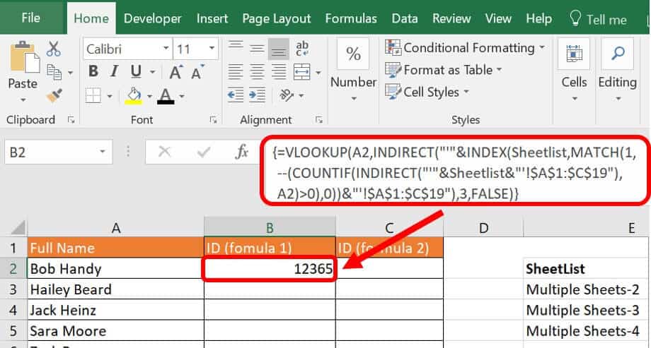 Excel lookup data multiple sheets formula