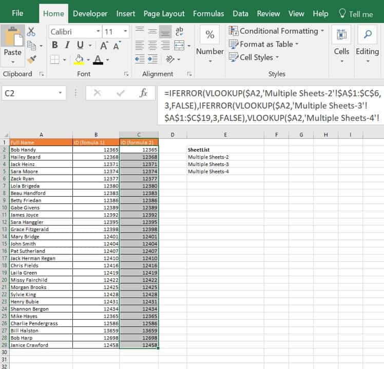 Excel Vlookup data multiple sheets formula