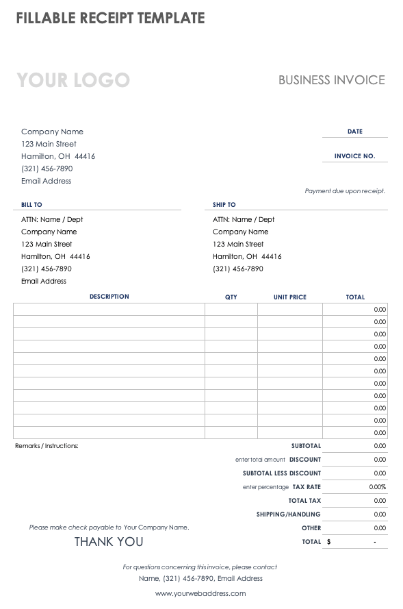 Fillable Receipt Template