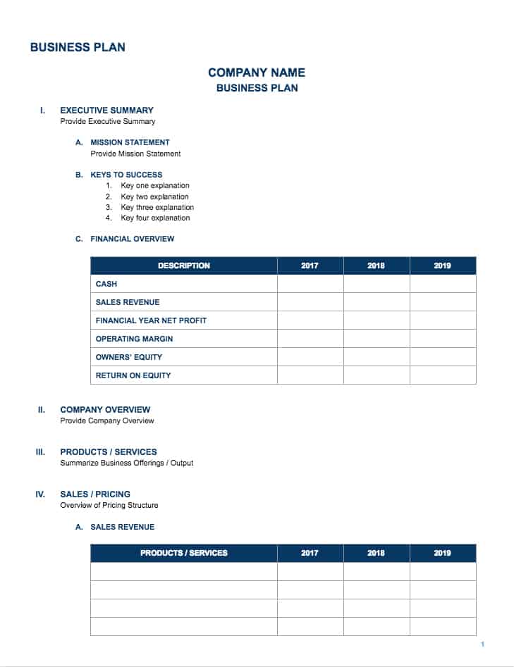 google sheets business plan template