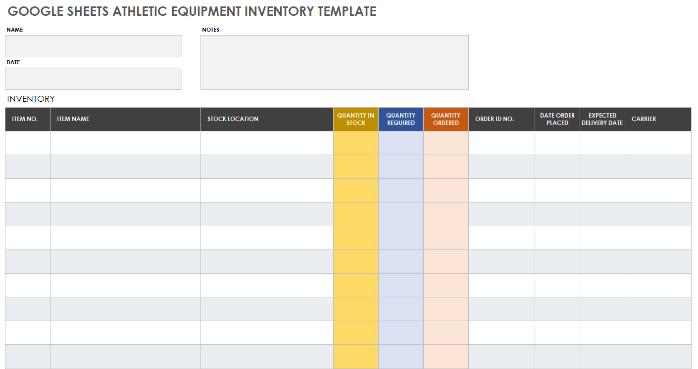 Google Sheets Athletic Equipment Inventory Template