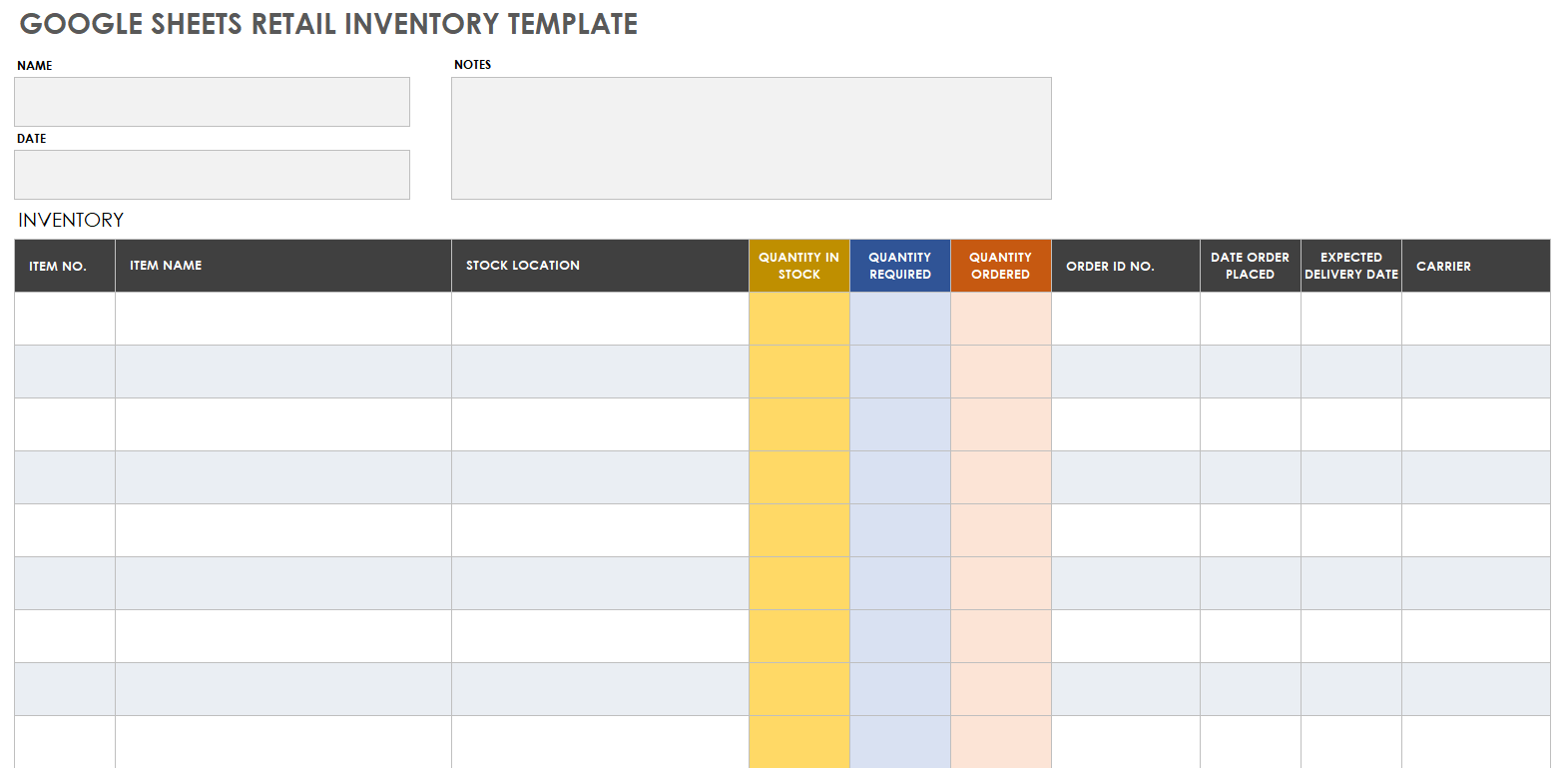 Google Sheets Retail Inventory Template