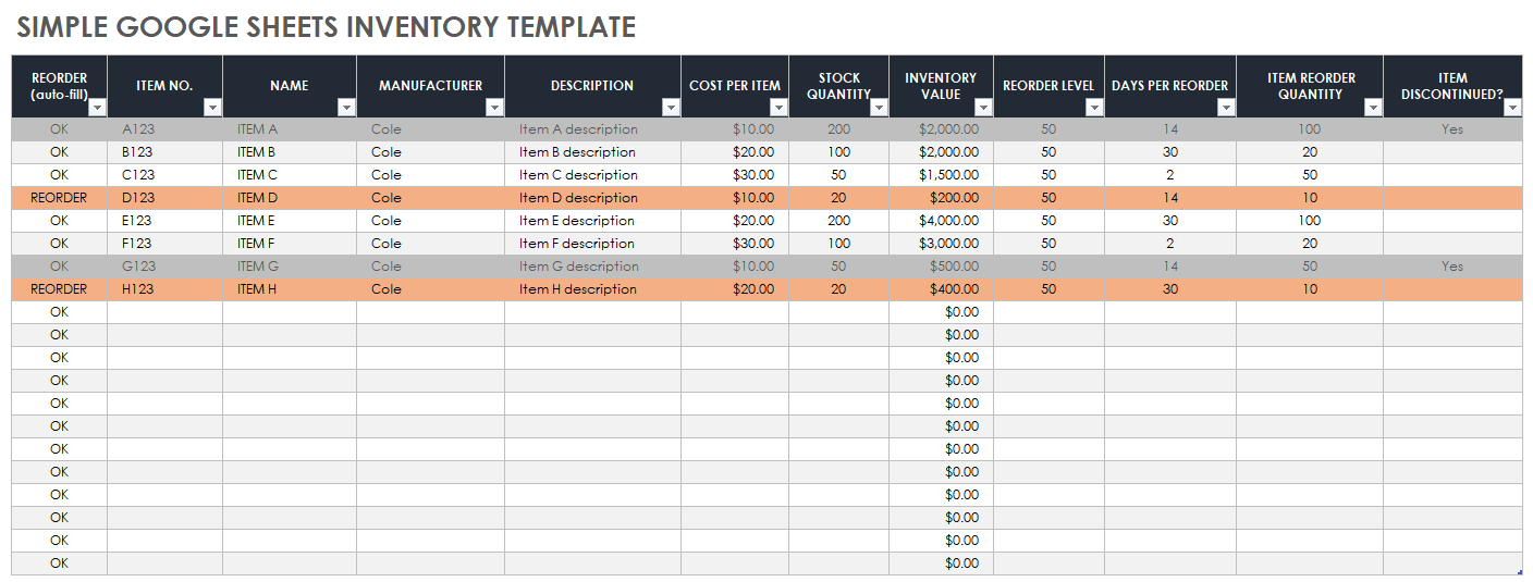 Google Sheets Simple Inventory Template