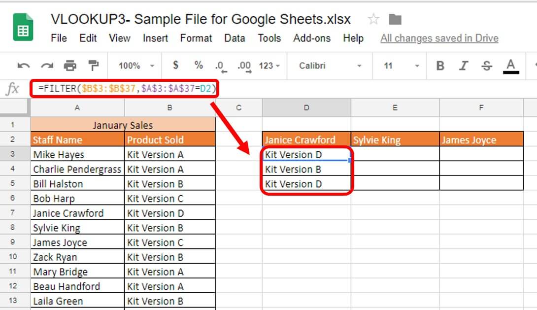 Google Sheets lookup multiple values sample