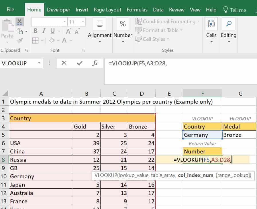 HLOOKUP Excel example