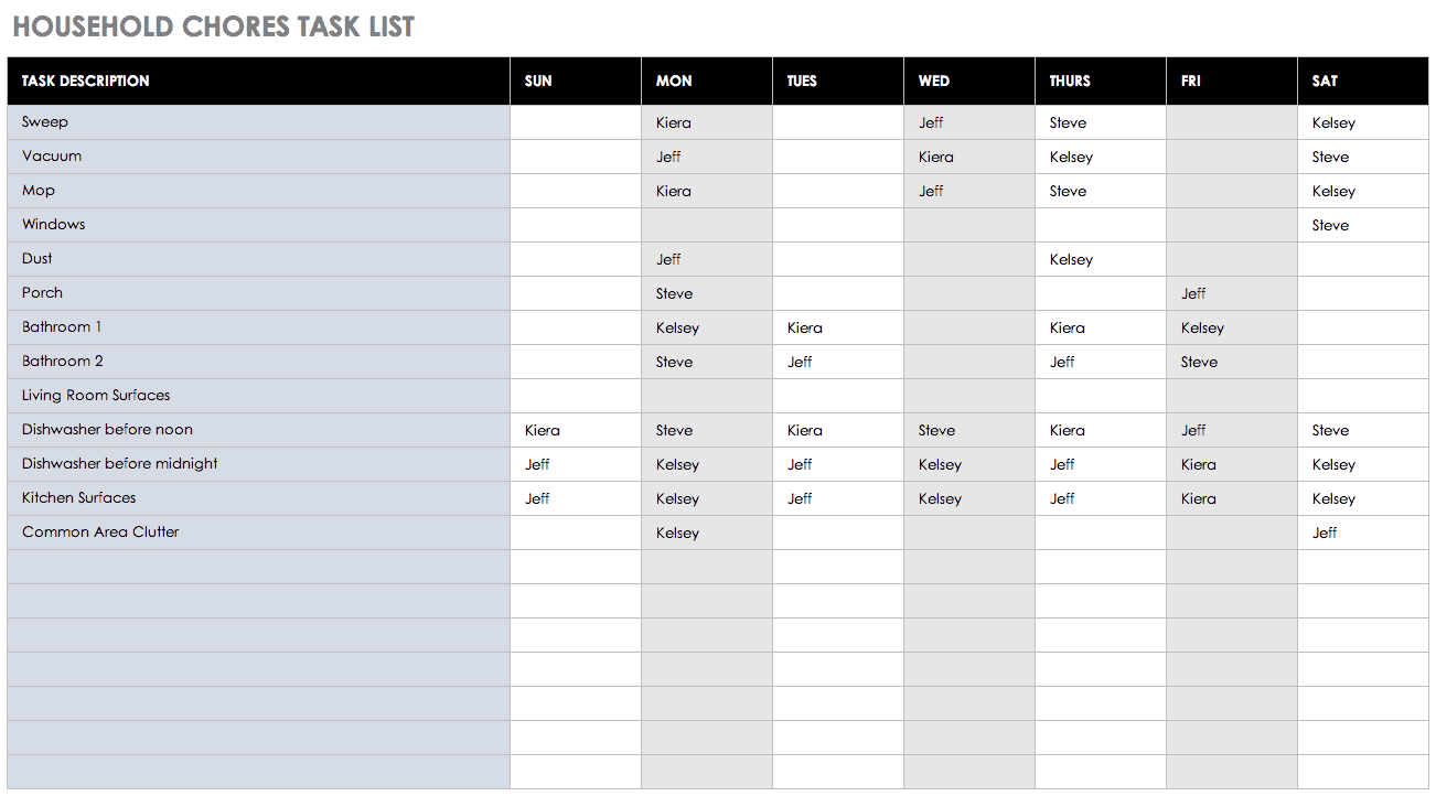 excel tasks template