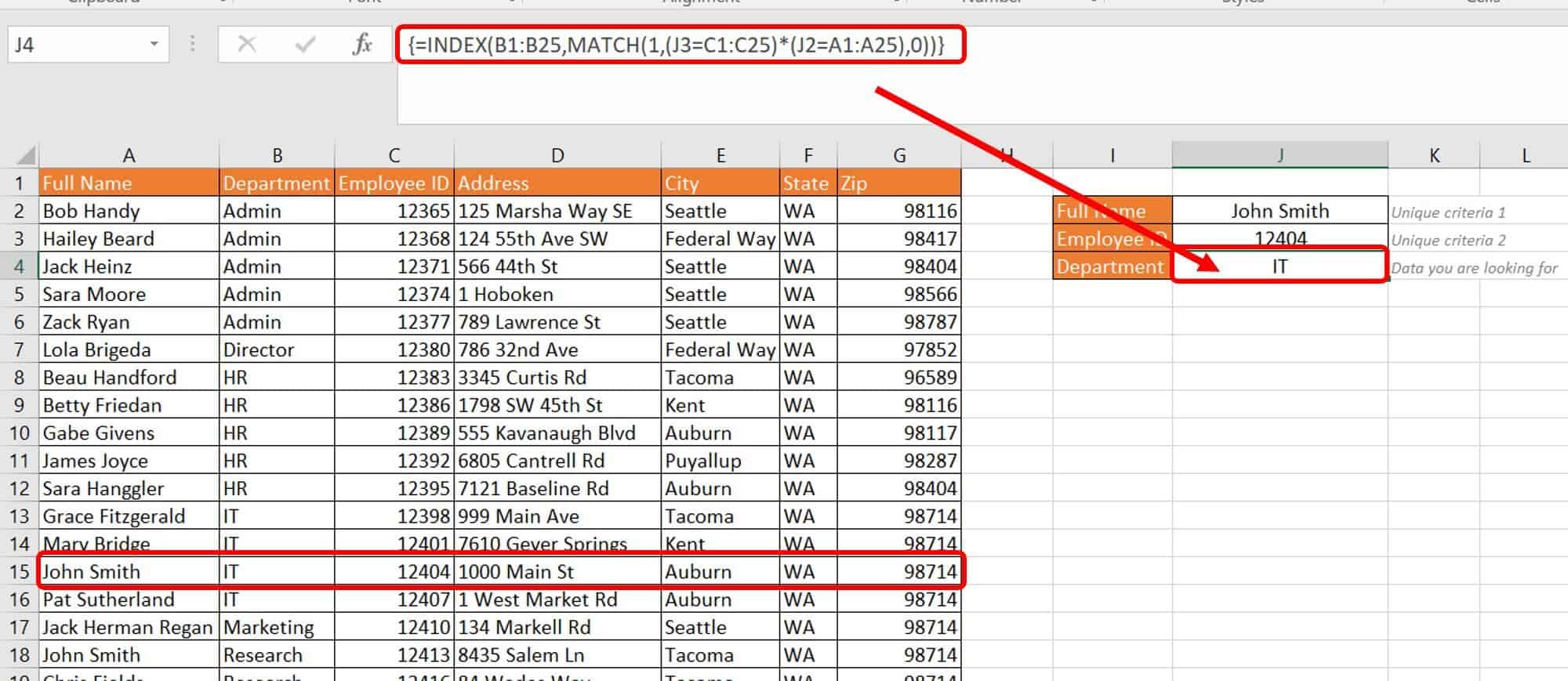 INDEX MATCH multiple criteria example