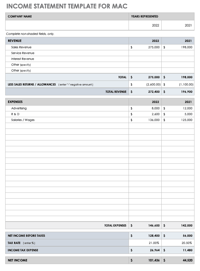 Income Statement Template for Mac