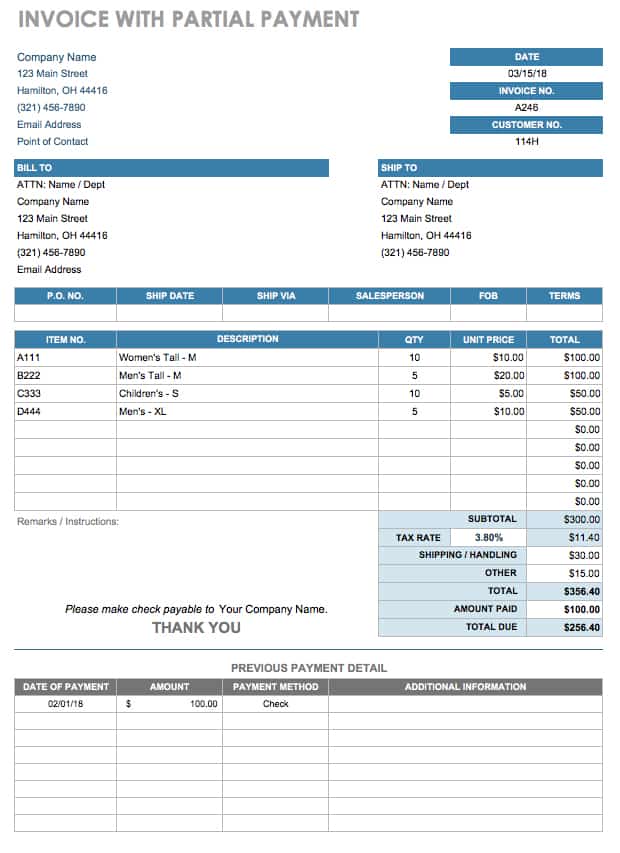Invoice With Partial Payment Template