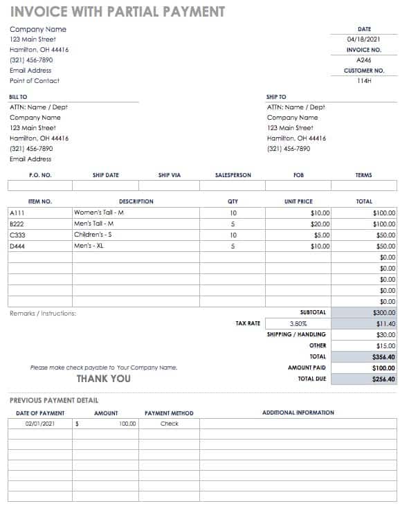 Invoice with partial Payment Template