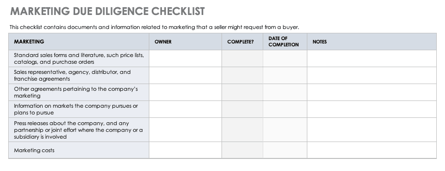 Marketing Due Diligence Checklist Template
