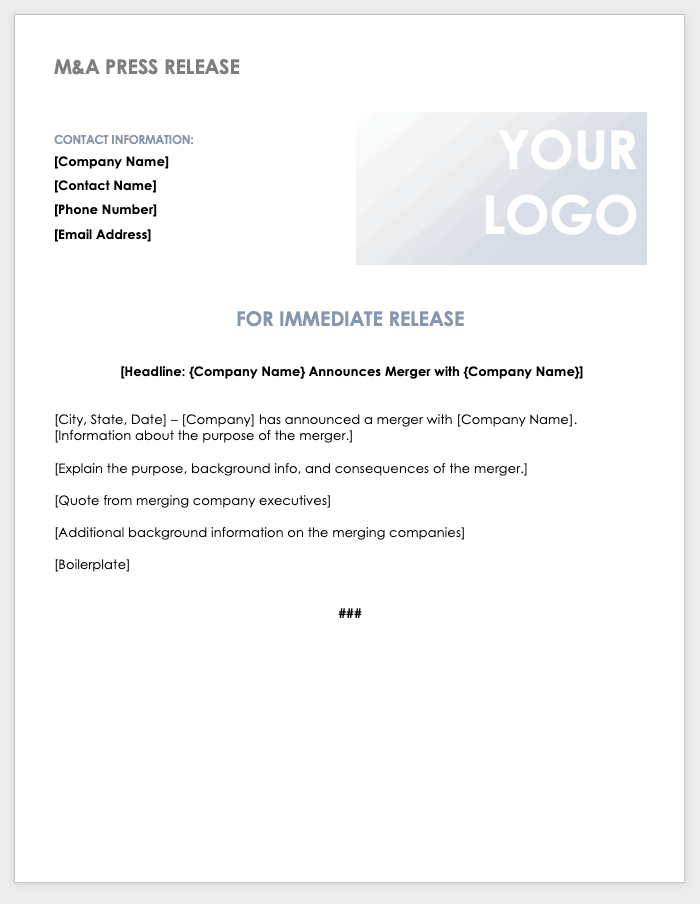Merger and Acquisition Press Release Template