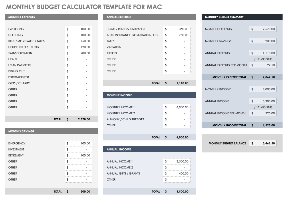 Monthly Budget Calculator Template for Mac