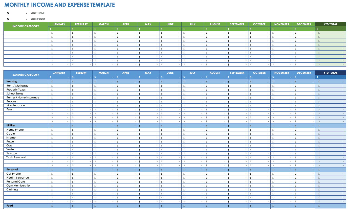 Monthly Income and Expense Template