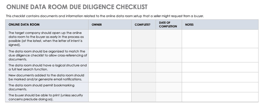 Online Data Room Due Diligence Checklist Template