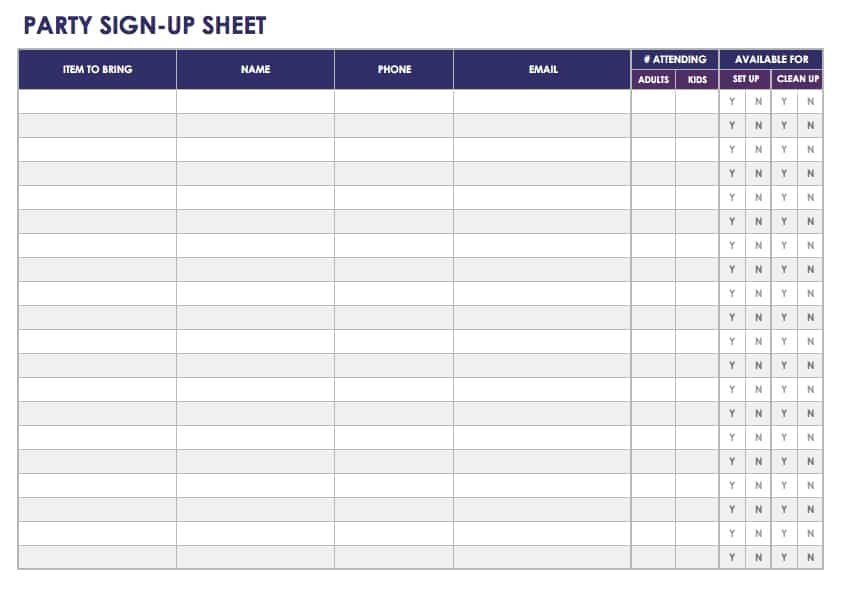 Party Sign-up Sheet Template