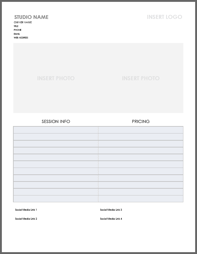 Photography Price List Template 