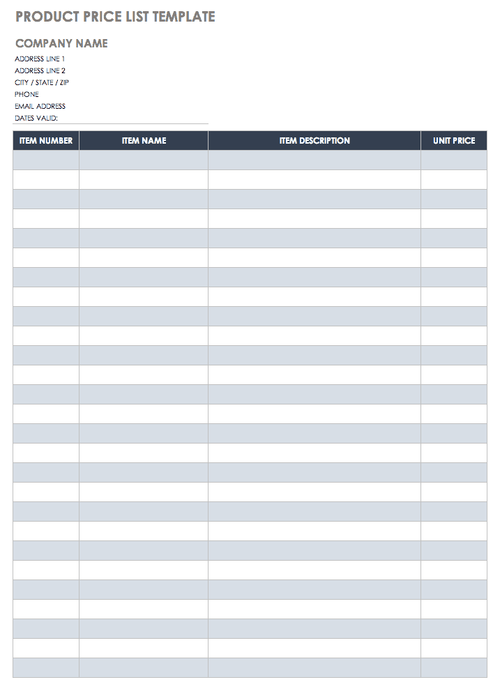 Free Price List Templates Smartsheet