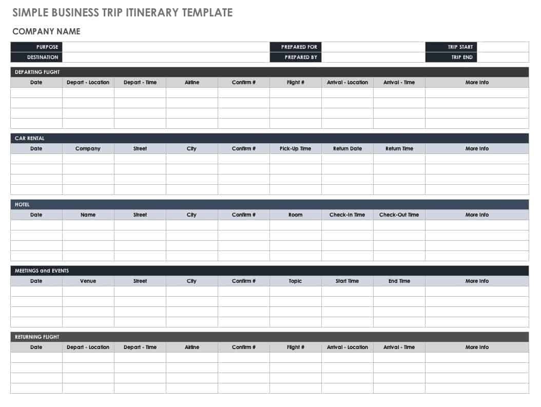 Free Itinerary Templates  Smartsheet Inside Business Travel Itinerary Template Word