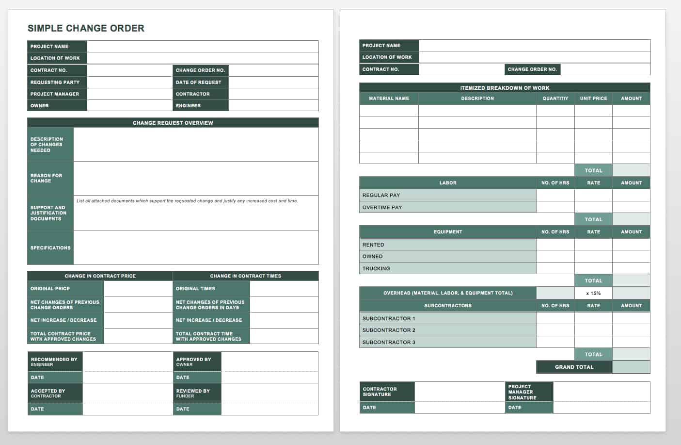 Complete Collection Of Free Change Order Forms Smartsheet