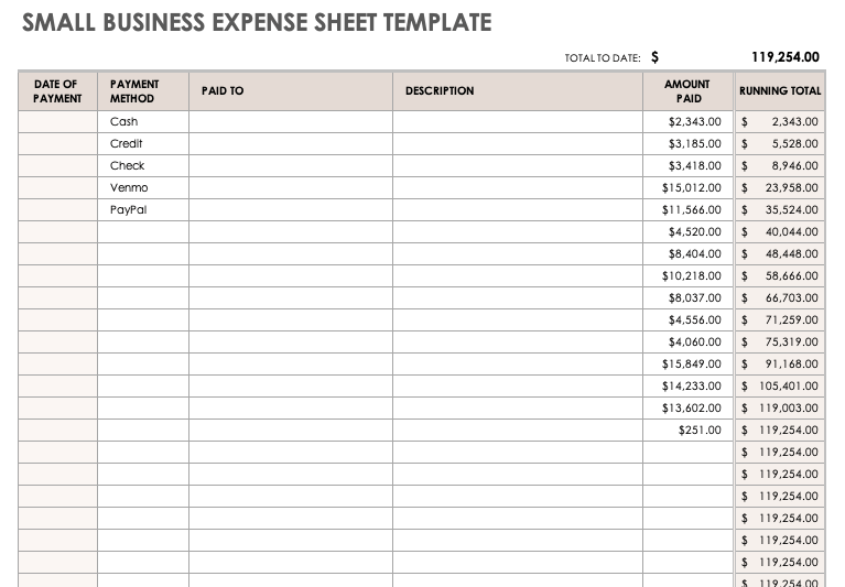 Small Business Expense Sheet Template