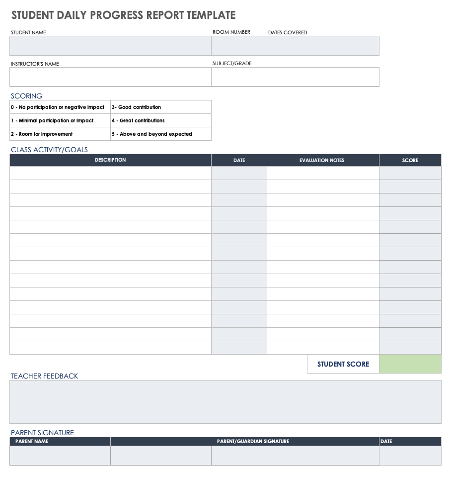 Student Daily Progress Report Template