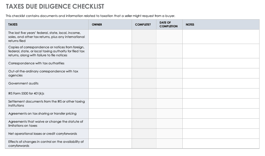Taxes Due Diligence Checklist