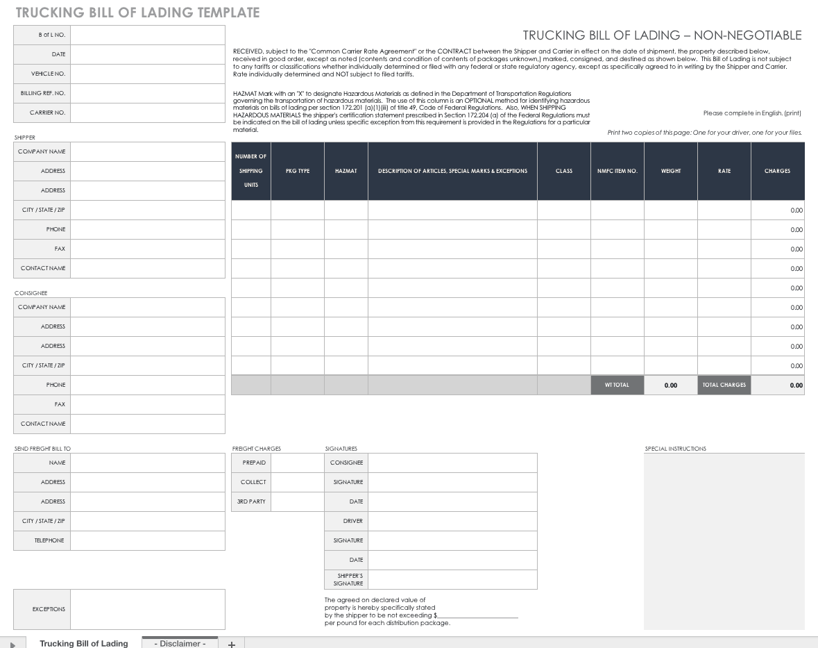 Free Bill of Lading Templates  Smartsheet With Blank Bol Template
