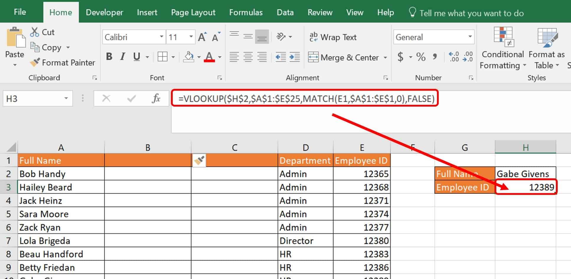 Vlookup MATCH combined function