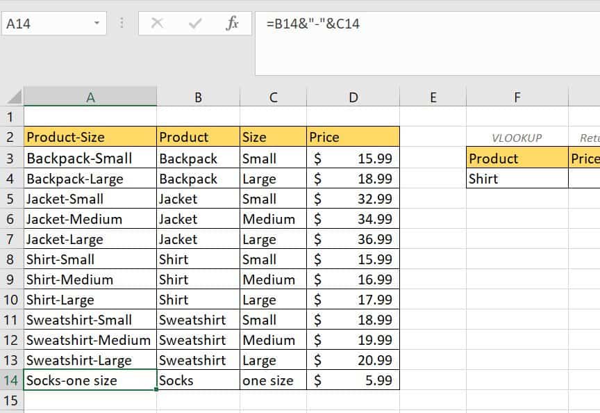 VLOOKUP combined value Excel
