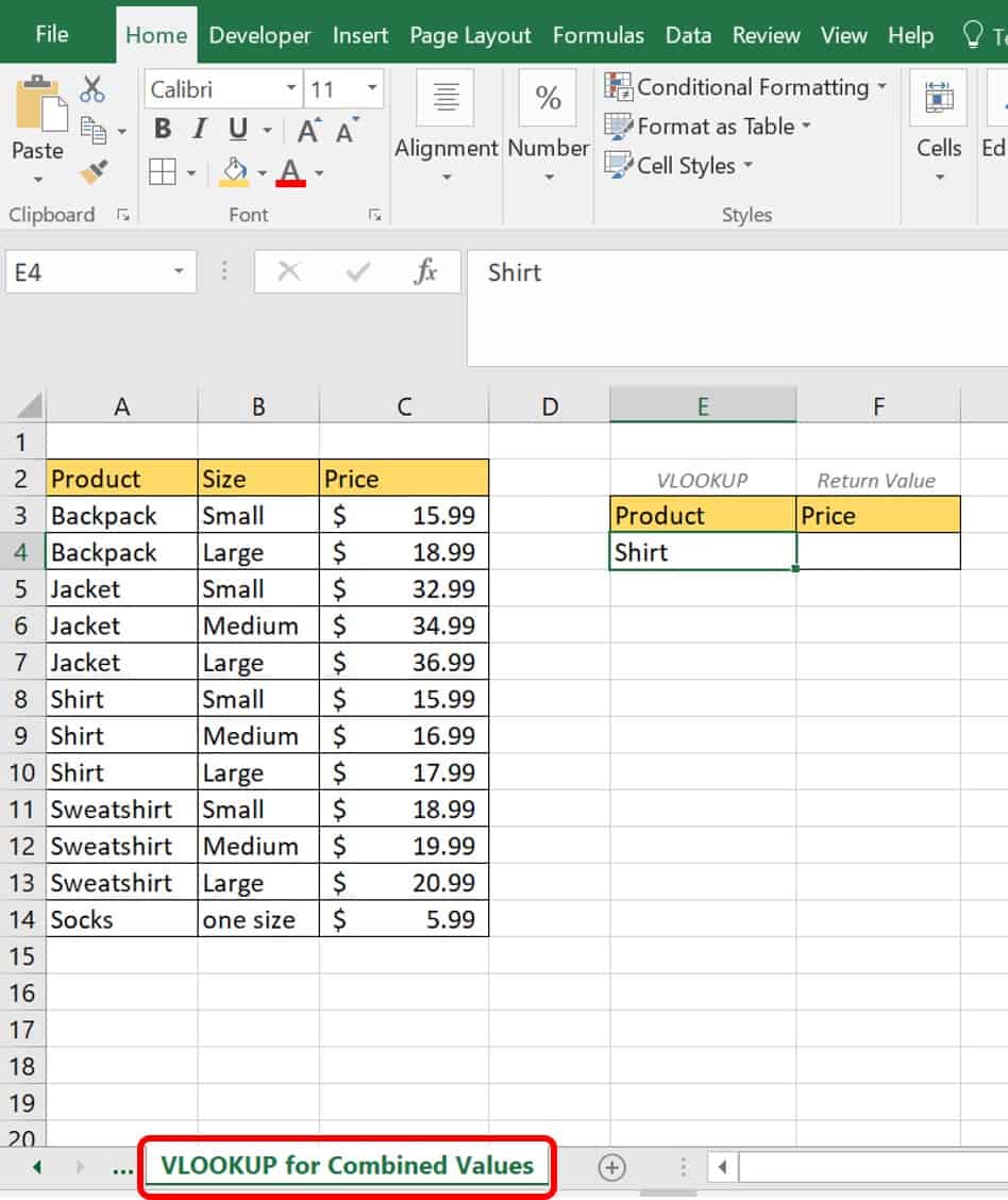VLOOKUP combined values Excel
