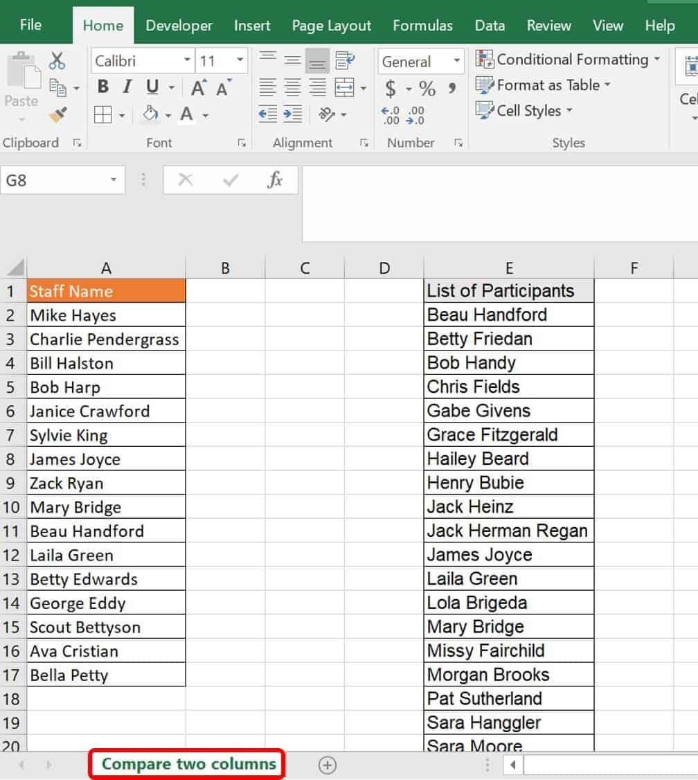 How to Compare Two Columns in Excel (for matches & differences)