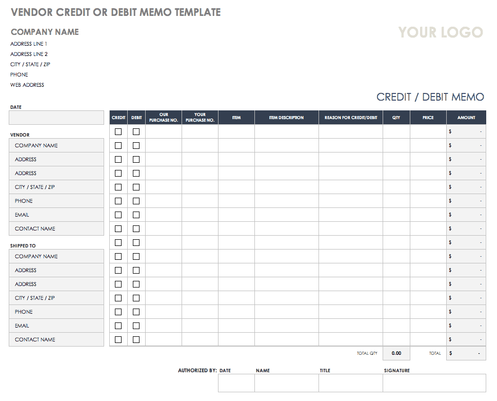 Vendor Credit or Debit Memo Template