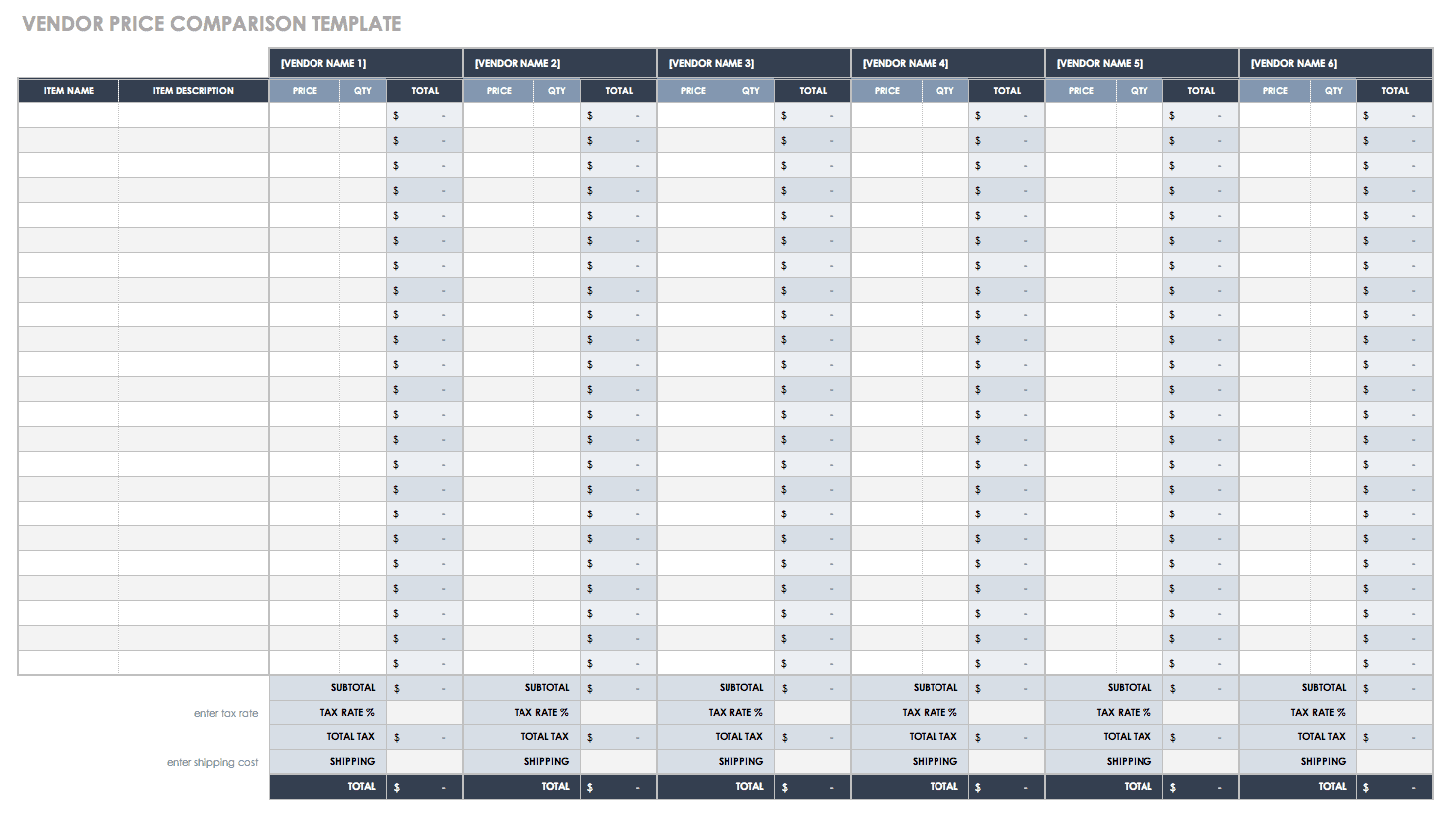 Request for Quote Comparison Form