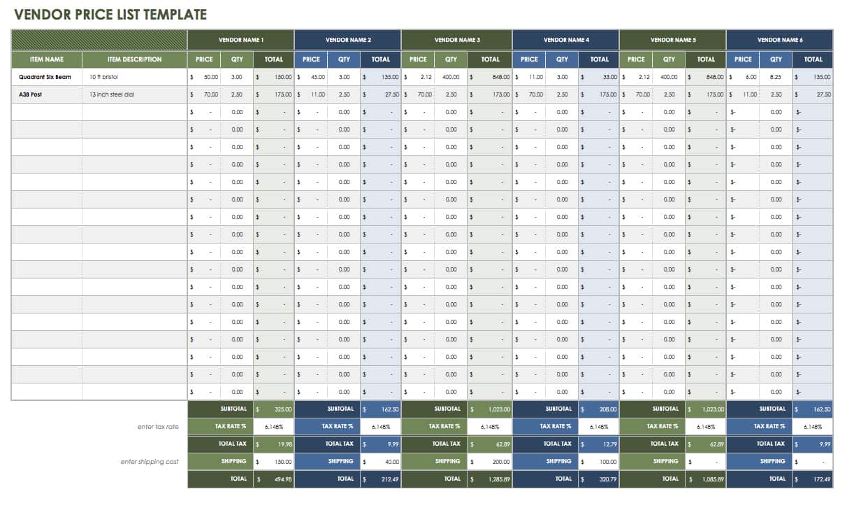 vendor-price-list-template