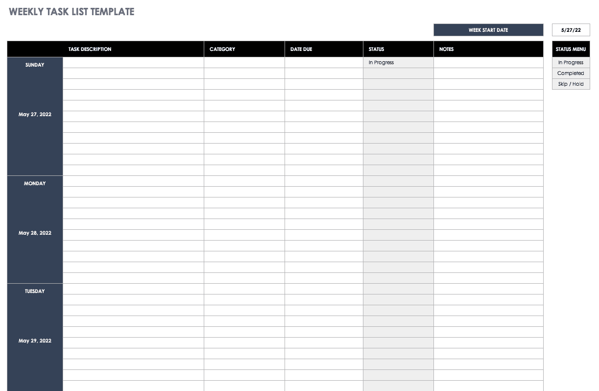 weekly task report template excel