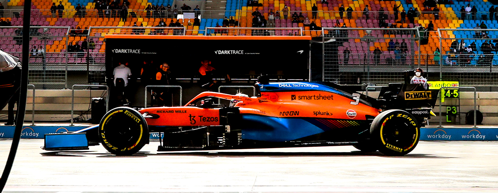 McLaren Formula 1 car with Smartsheet logo on engine cover 