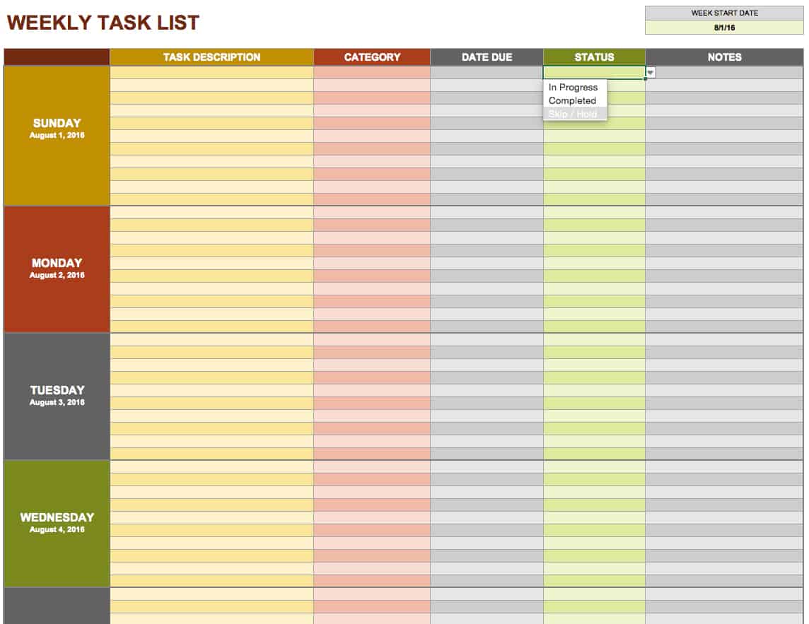 weekly assignment sheet template free