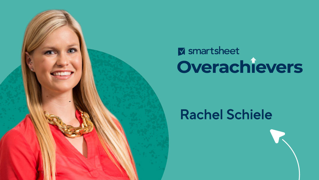 Smartsheet Overacheiver Rachel Schiele of Motus and the Smartsheet Overachievers logo.