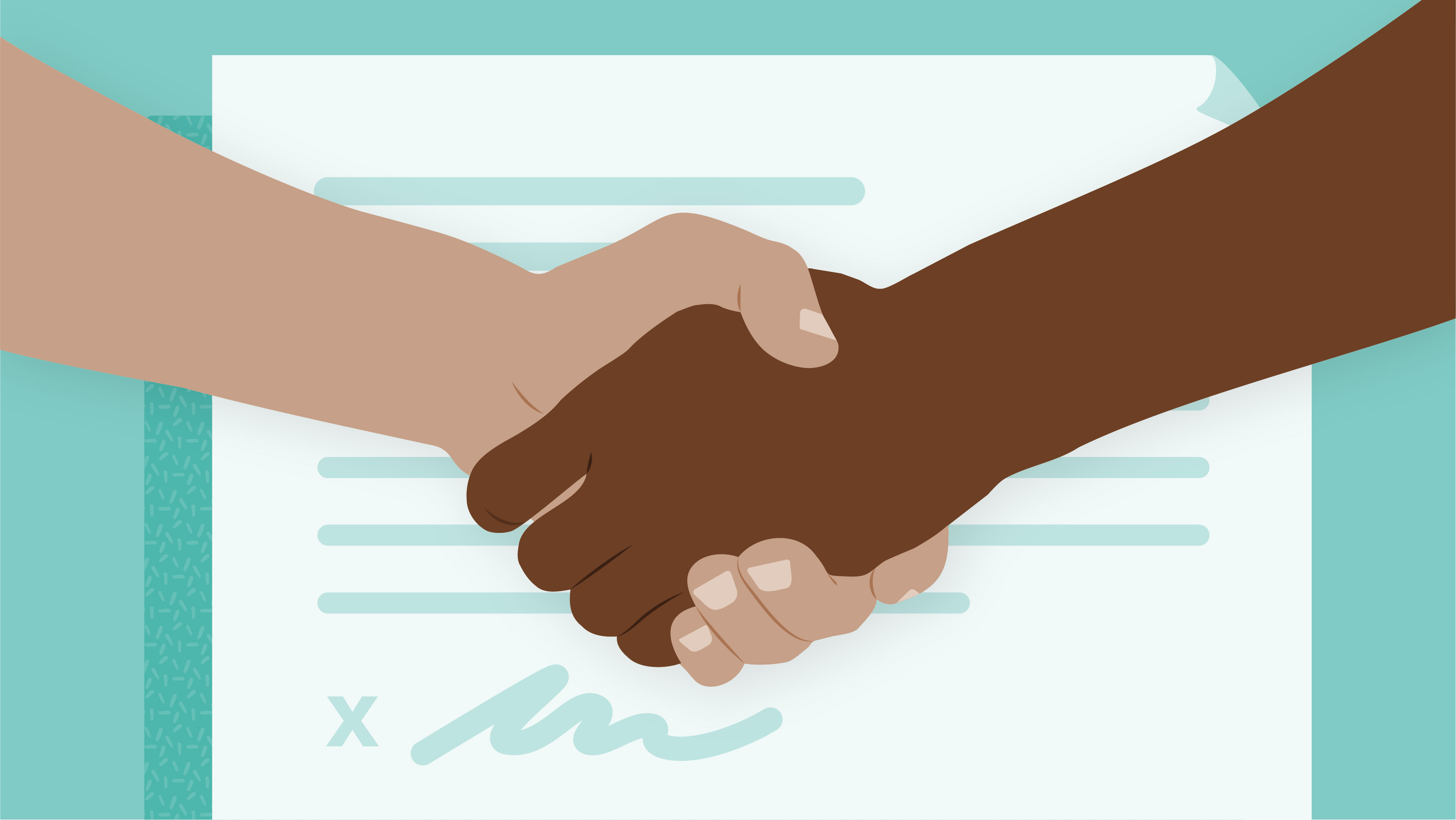 A handshake between business partners above a signed contract.
