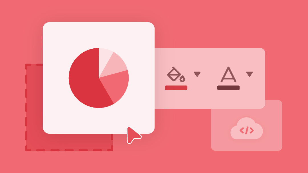 Pink pie chart with HTML cloud icon, paint bucket icon, and text color icon