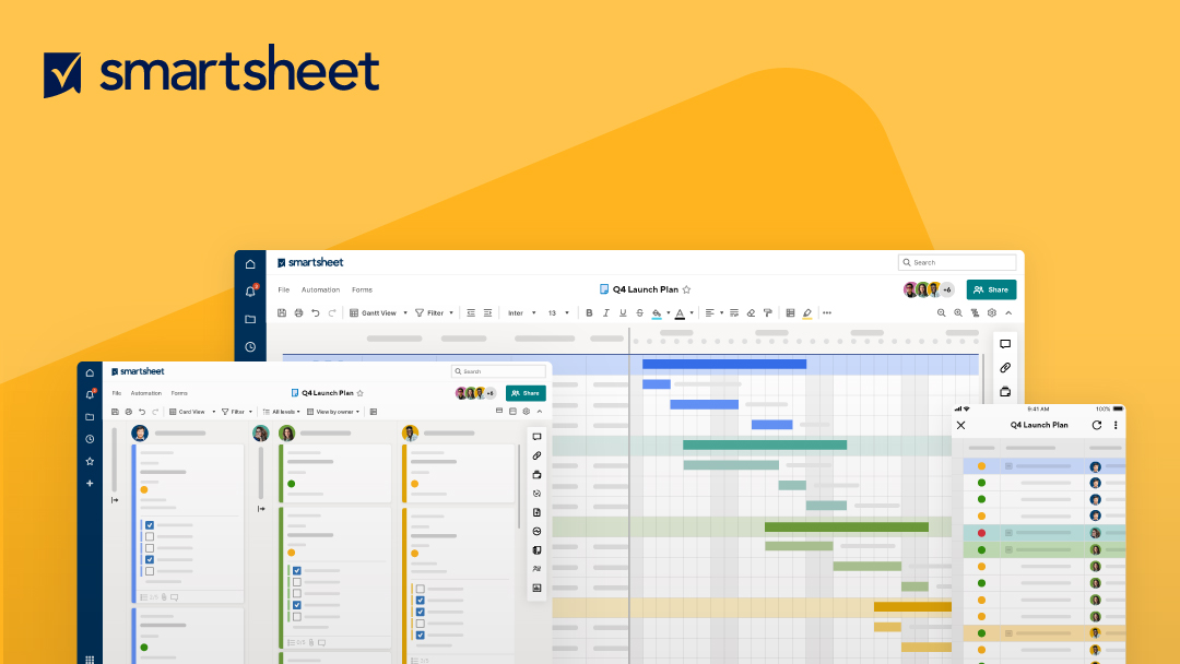 A trio of Smartsheet sheets for a tablet, laptop, and mobile phone.