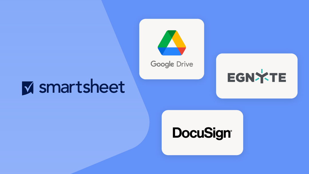The logos of Smartsheet, Google Drive, DocuSign, and Egnyte, three apps that integrate with Smartsheet.
